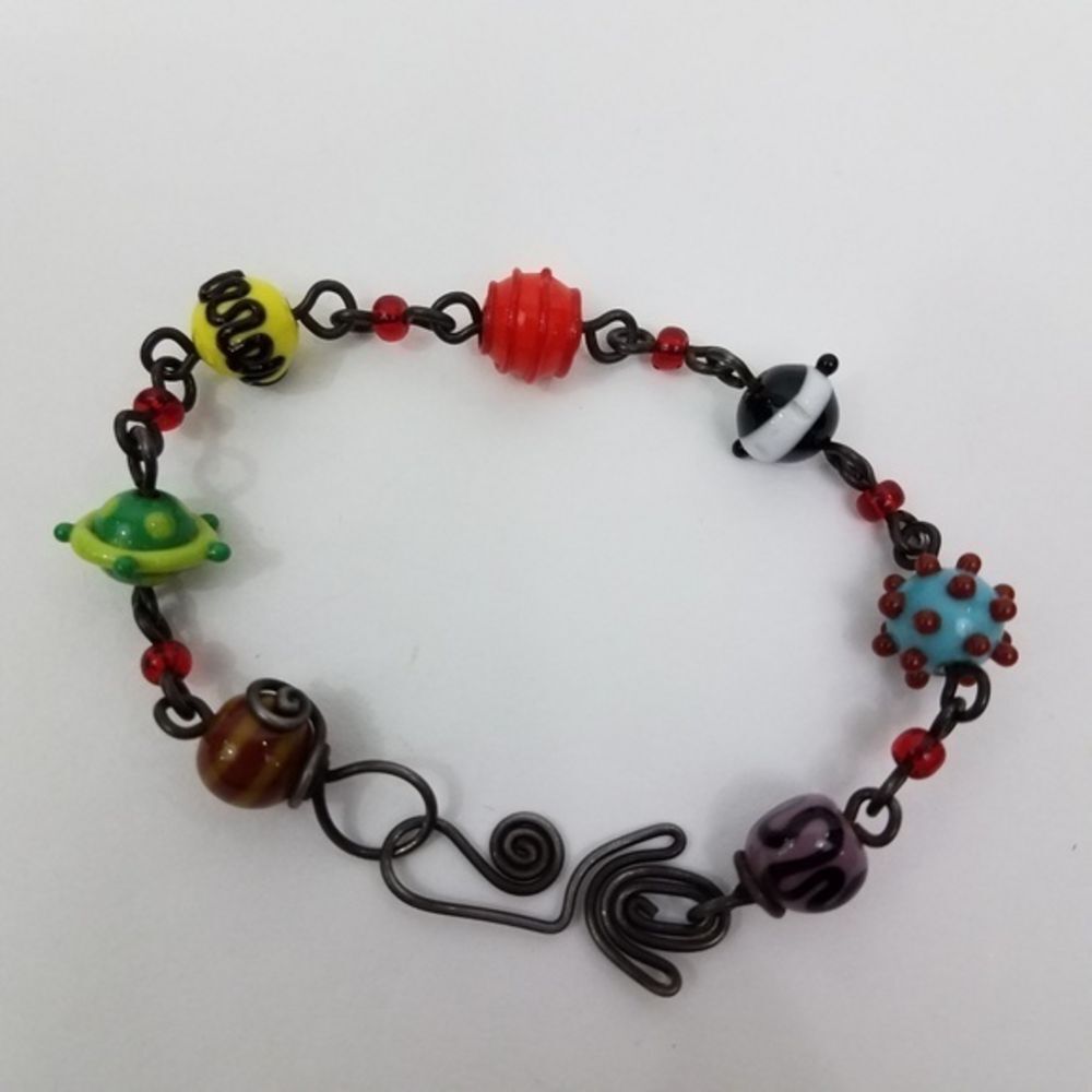 Glass Beaded Bracelet Black Chain Striped‎ Dot